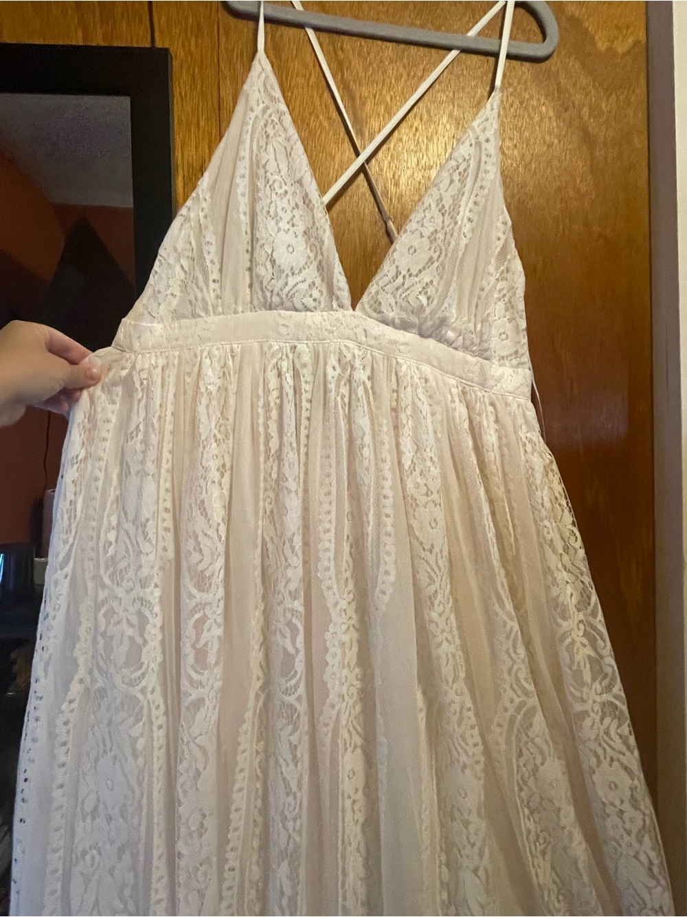 Aakaa Strapless Lace Maxi Dress in Cream